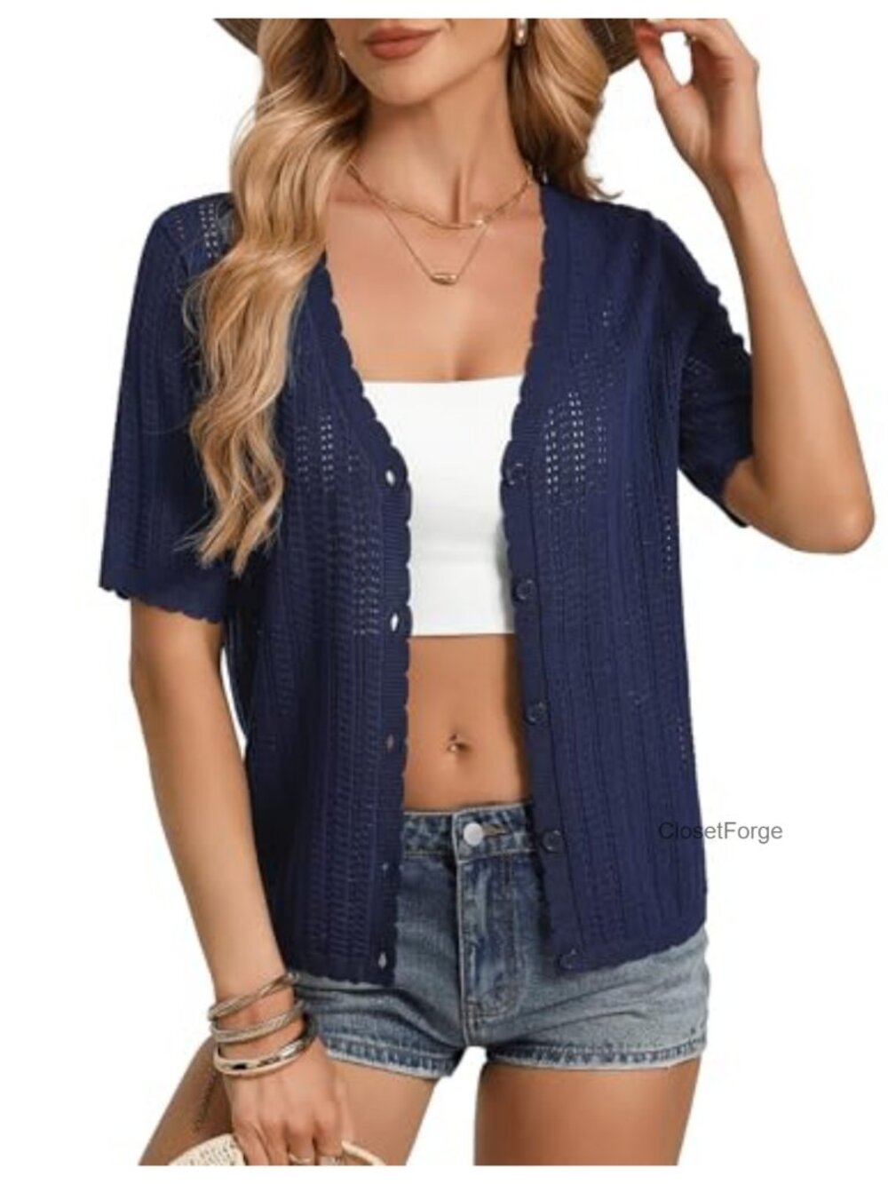 Crochet Hollow Out V-Neck Short Sleeve Cardigan for Women
